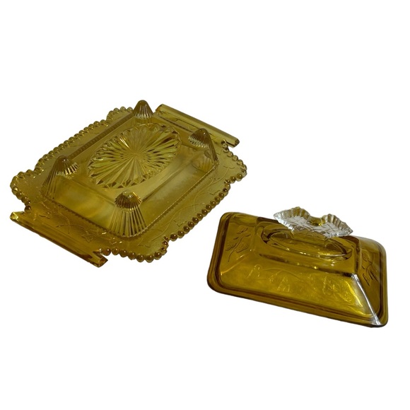 Antique Honey Dish Lid Yellow Glass Co-Operative Flint 1800s Leaf Pattern Pot - Picture 12 of 13